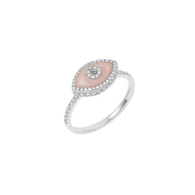Load image into Gallery viewer, 14K white gold Endza Ring with Pink Opal evil eye and pavé white diamonds