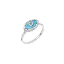 Load image into Gallery viewer, 14K white gold Endza Ring with Turquoise evil eye and pavé white diamonds