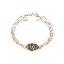 Load image into Gallery viewer, 14K rose gold Endza Bracelet with Labradorite evil eye and pavé white diamonds