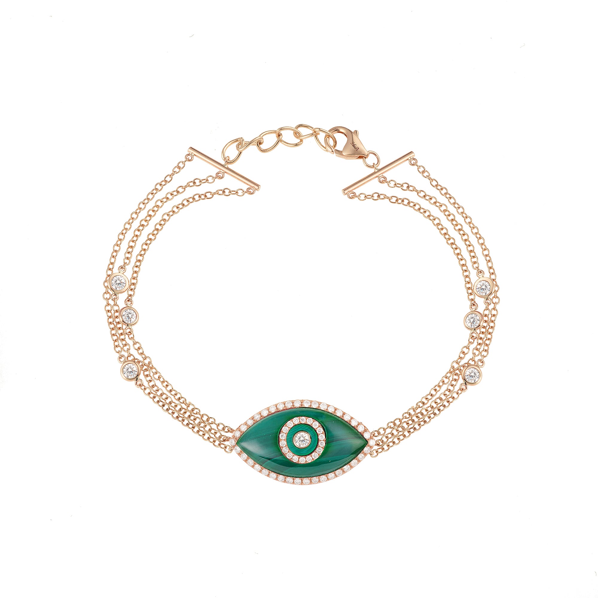 Endza Malachite Evil Eye Bracelet in 14K Rose Gold with Natural Diamonds