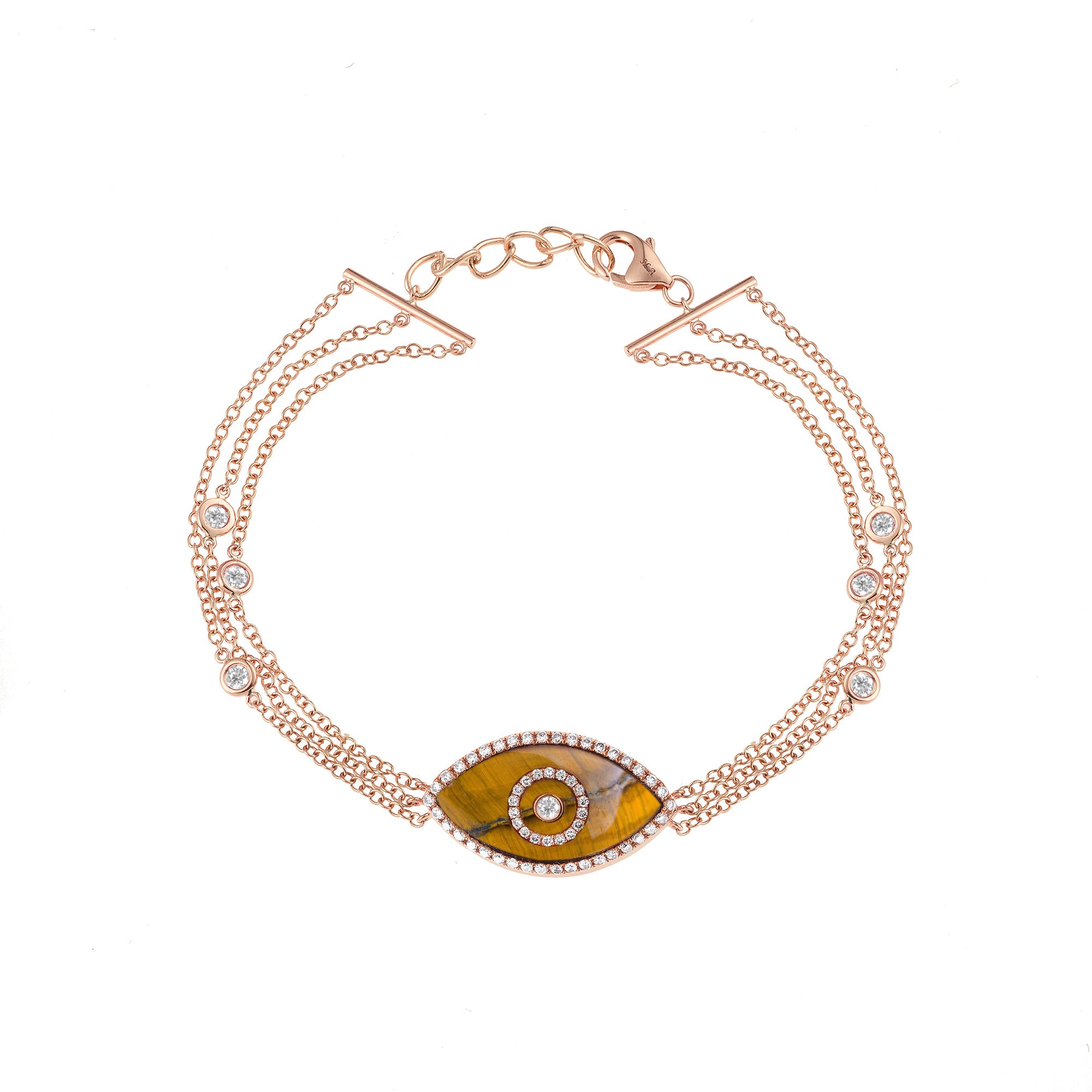 14K rose gold Endza Bracelet with Tiger Eye evil eye and pavé white diamonds