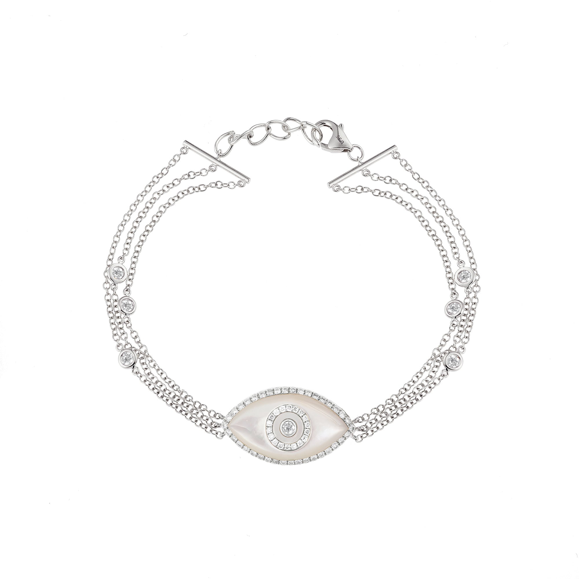 Endza Mother of Pearl Evil Eye Bracelet in 14K White Gold with Natural Diamonds
