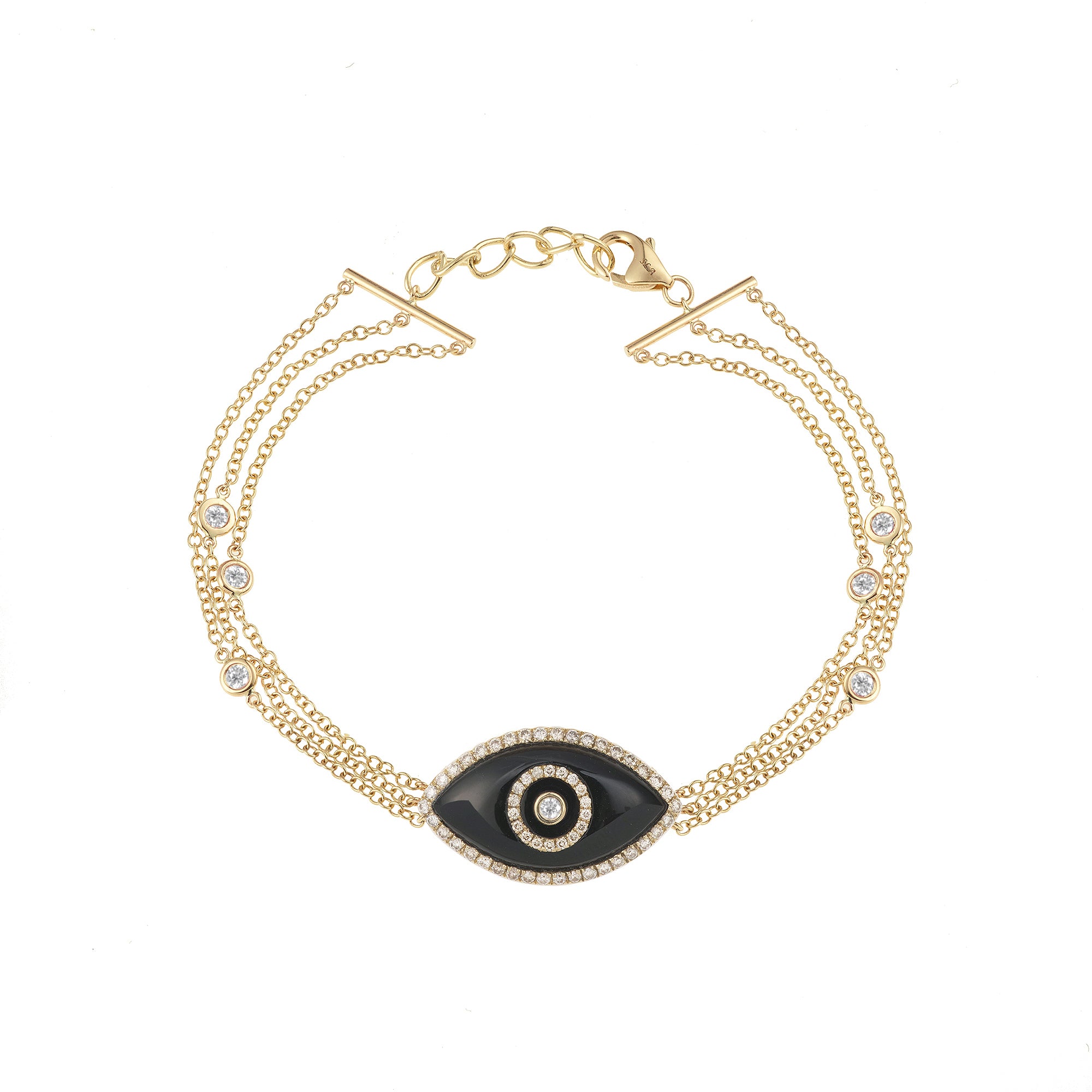 Endza Black Onyx Evil Eye Bracelet in 14K Yellow Gold with Natural Diamonds