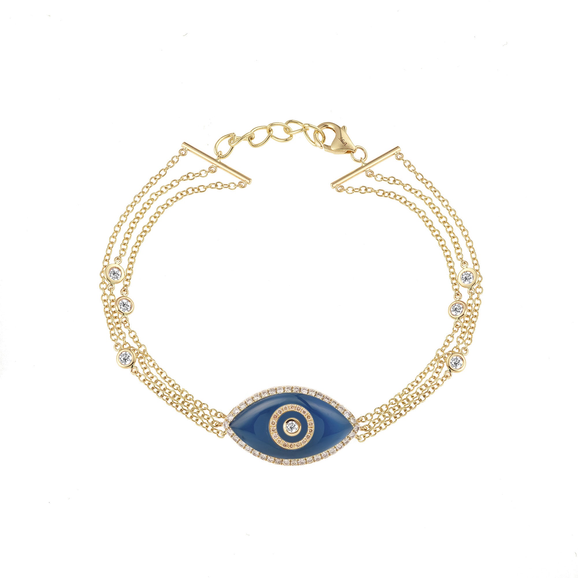 Endza Blue Agate Evil Eye Bracelet in 14K Yellow Gold with Natural Diamonds
