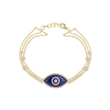 Load image into Gallery viewer, 14K yellow gold Endza Bracelet with Lapis Lazuli evil eye and pavé white diamonds
