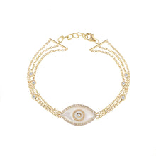 Load image into Gallery viewer, 14K yellow gold Endza Bracelet with Mother of Pearl evil eye and pavé white diamonds