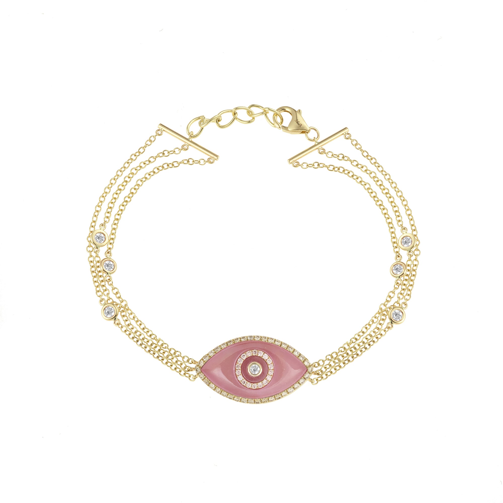 Endza Peach Jade Evil Eye Bracelet in 14K Yellow Gold with Natural Diamonds