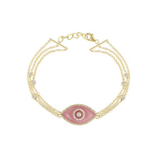 Load image into Gallery viewer, 14K yellow gold Endza Bracelet with Peach Jade evil eye and pavé white diamonds