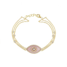 Load image into Gallery viewer, 14K yellow gold Endza Bracelet with Pink Opal evil eye and pavé white diamonds
