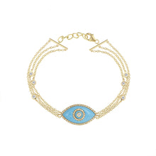 Load image into Gallery viewer, 14K yellow gold Endza Bracelet with Turquoise evil eye and pavé white diamonds