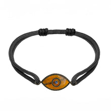 Load image into Gallery viewer, 14K black gold Link Bracelet with Tiger Eye evil eye and pavé black diamonds