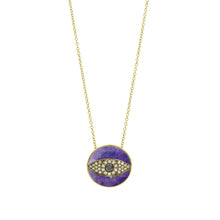 Load image into Gallery viewer, Endza Medal Necklace in 14K Yellow Gold with pavé brown diamonds, and blue sapphire center