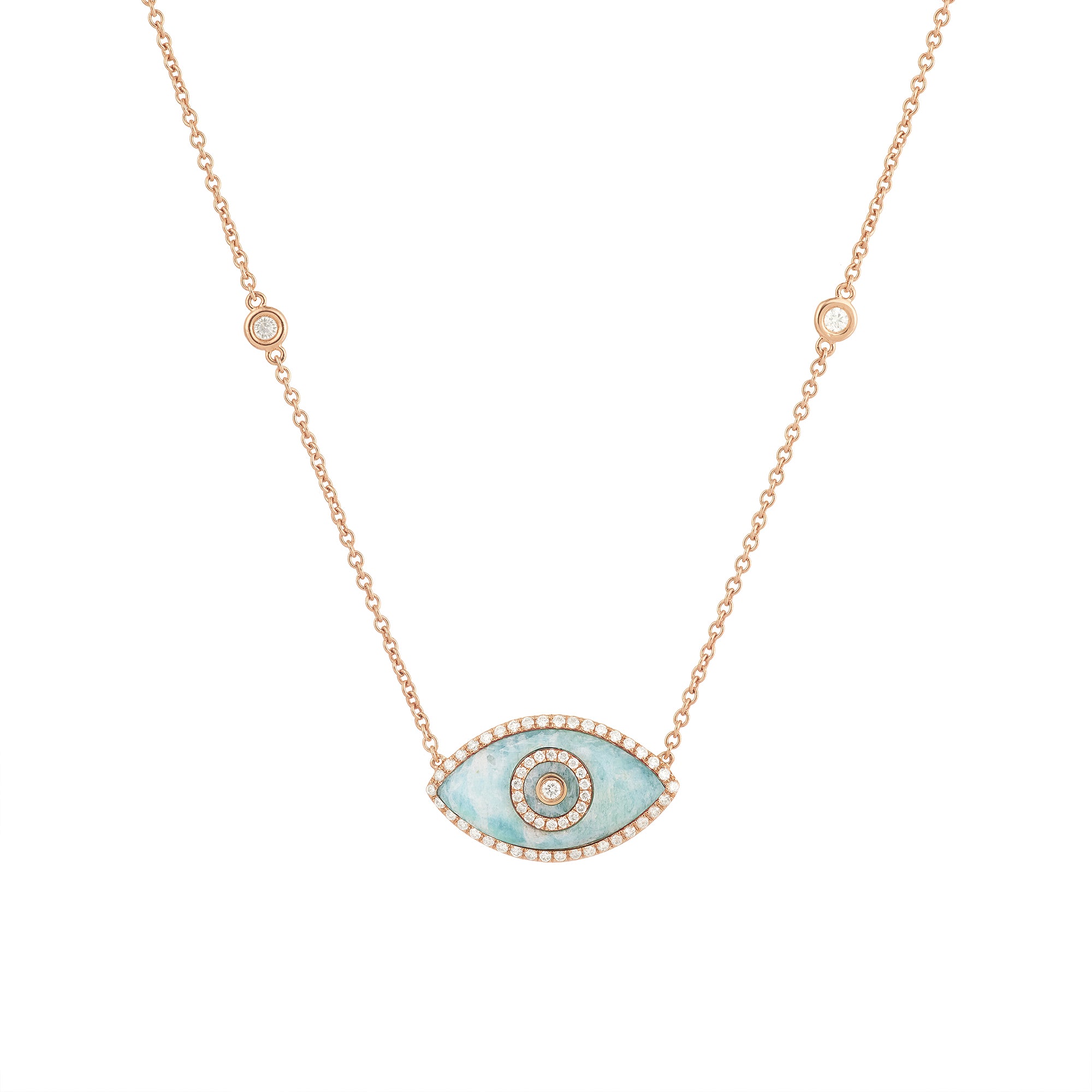 14K rose gold Endza Necklace with Amazonite evil eye and white diamonds.