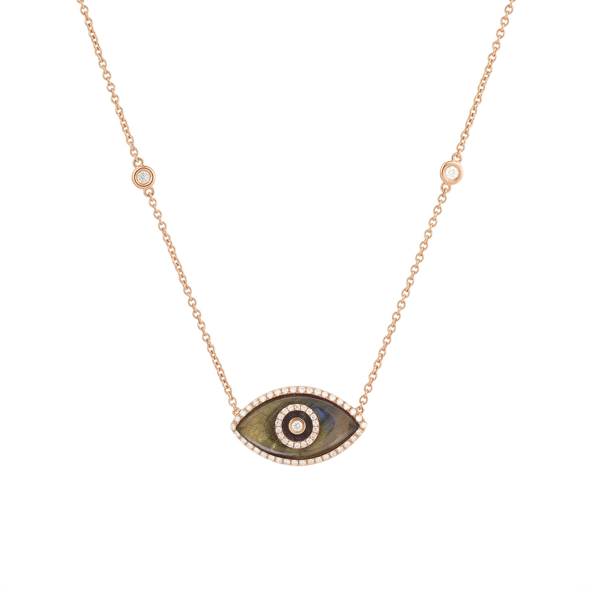 Endza Labradorite Evil Eye Necklace in 14K Rose Gold with Natural Diamonds