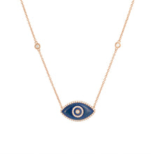 Load image into Gallery viewer, 14K rose gold Endza Necklace with Lapis Lazuli evil eye and white diamonds.