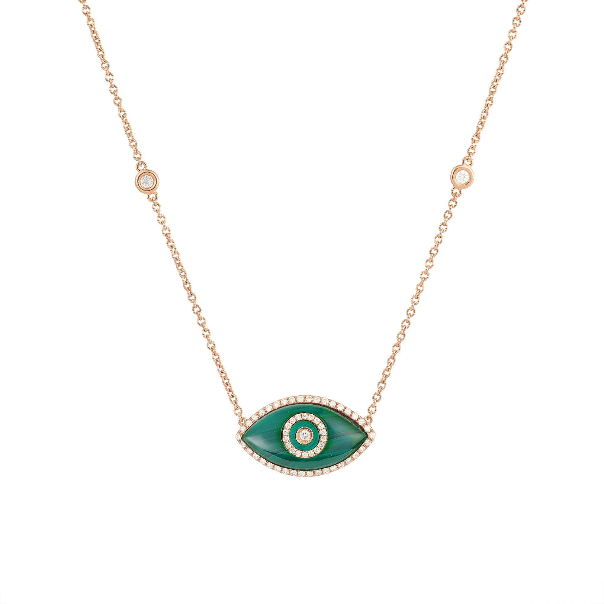 Endza Malachite Evil Eye Necklace in 14K Rose Gold with Natural Diamonds