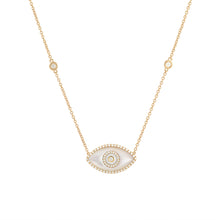 Load image into Gallery viewer, 14K yellow gold Endza Necklace with Mother of Pearl evil eye and white diamonds.