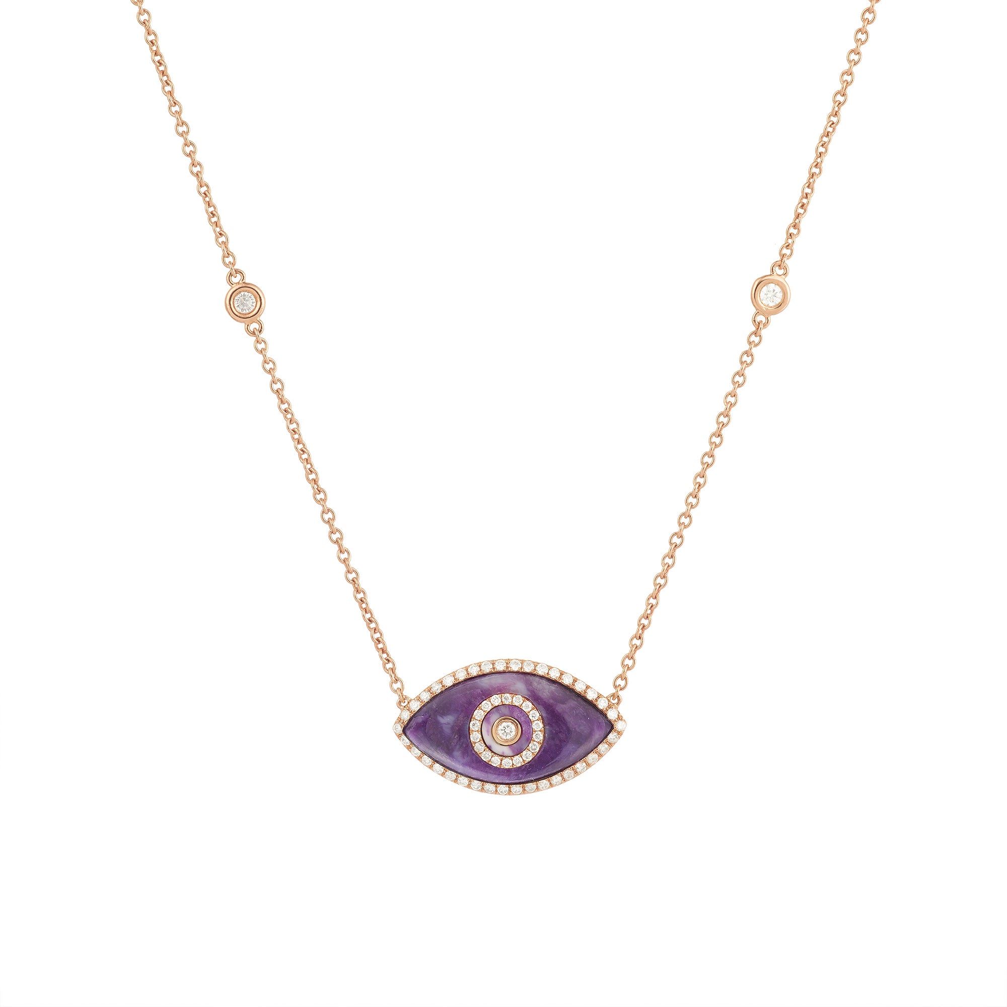 14K rose gold Endza Necklace with Sugilite evil eye and white diamonds.
