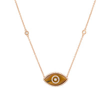 Load image into Gallery viewer, 14K rose gold Endza Necklace with Tiger Eye evil eye and white diamonds.
