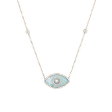 Load image into Gallery viewer, 14K white gold Endza Necklace with Amazonite evil eye and white diamonds.