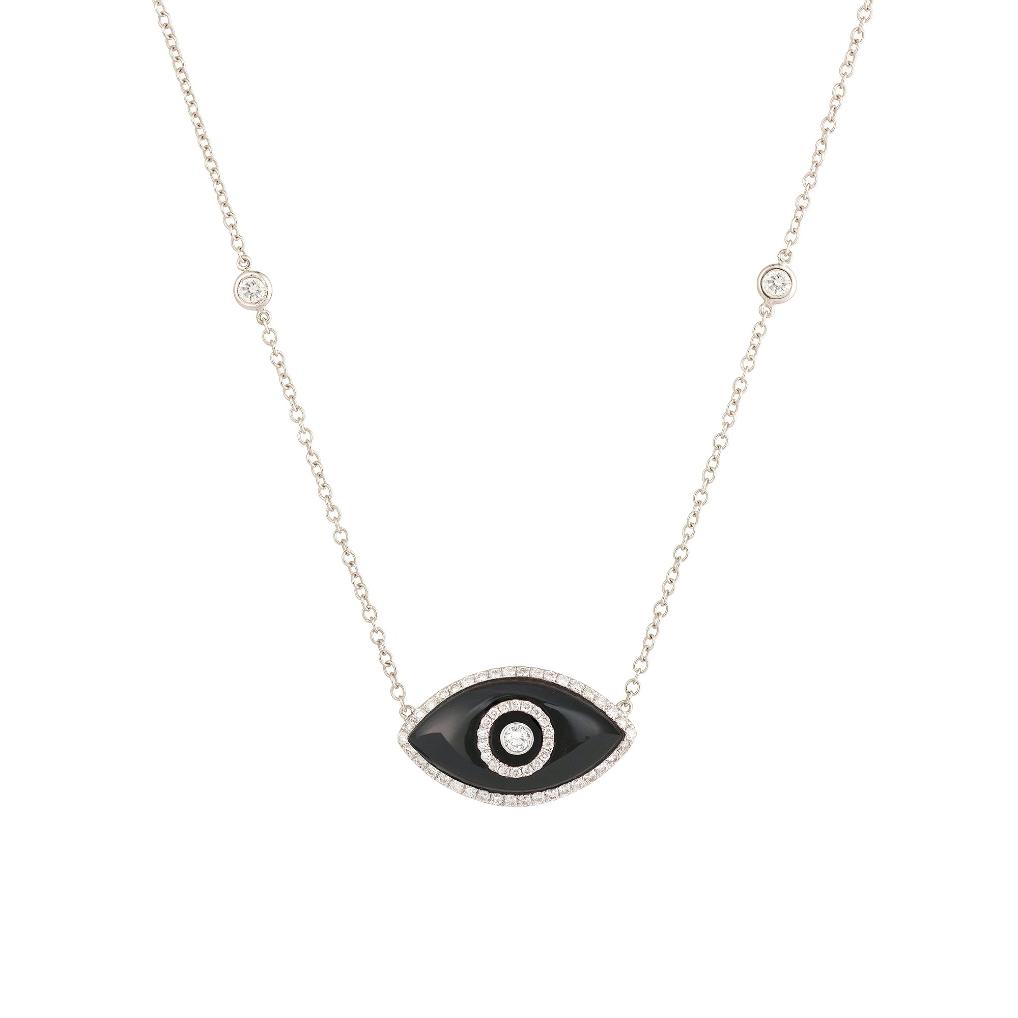 Endza Black Onyx Evil Eye Necklace in 14K White Gold with Natural Diamonds