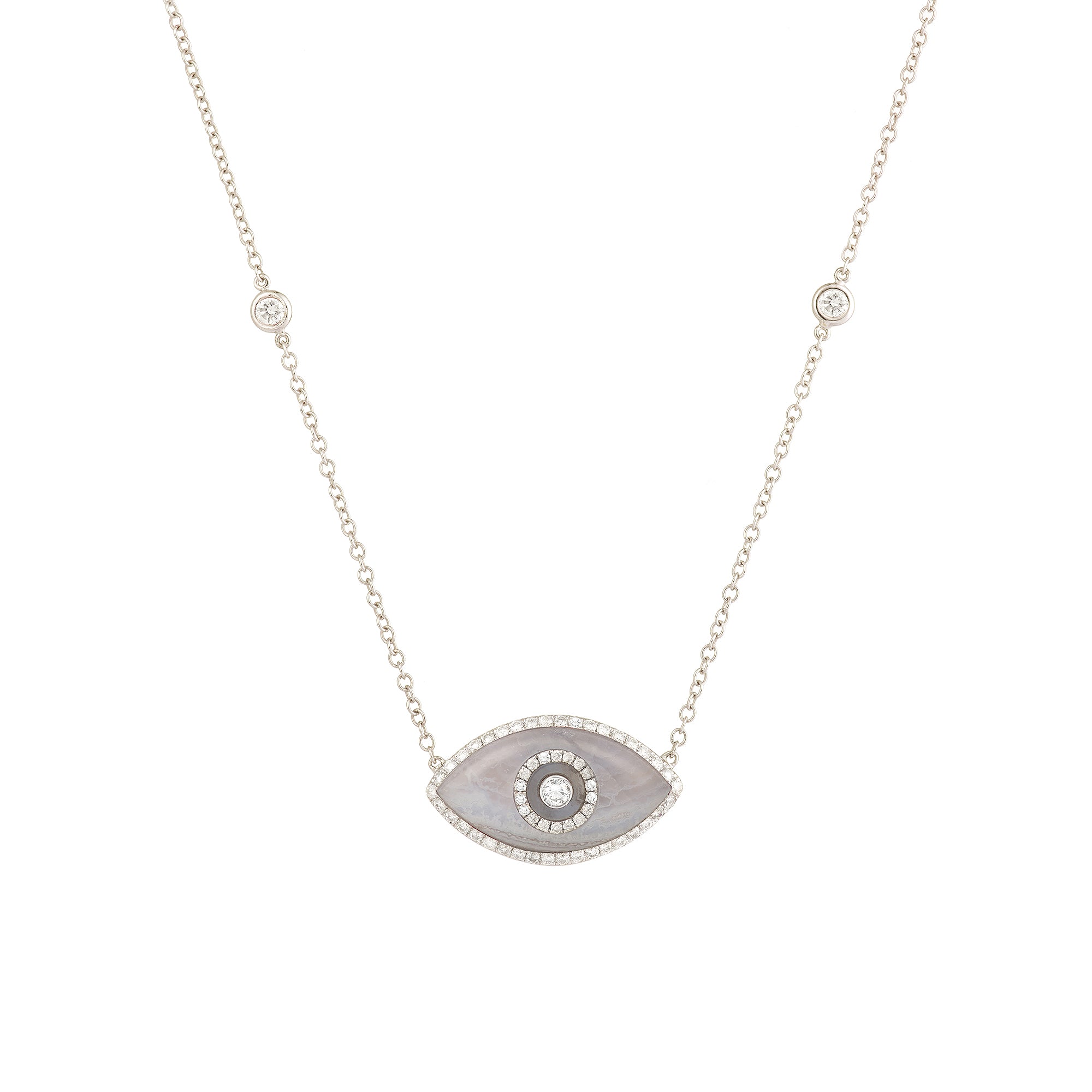 Endza Blue Chalcedony Evil Eye Necklace in 14K White Gold with Natural Diamonds