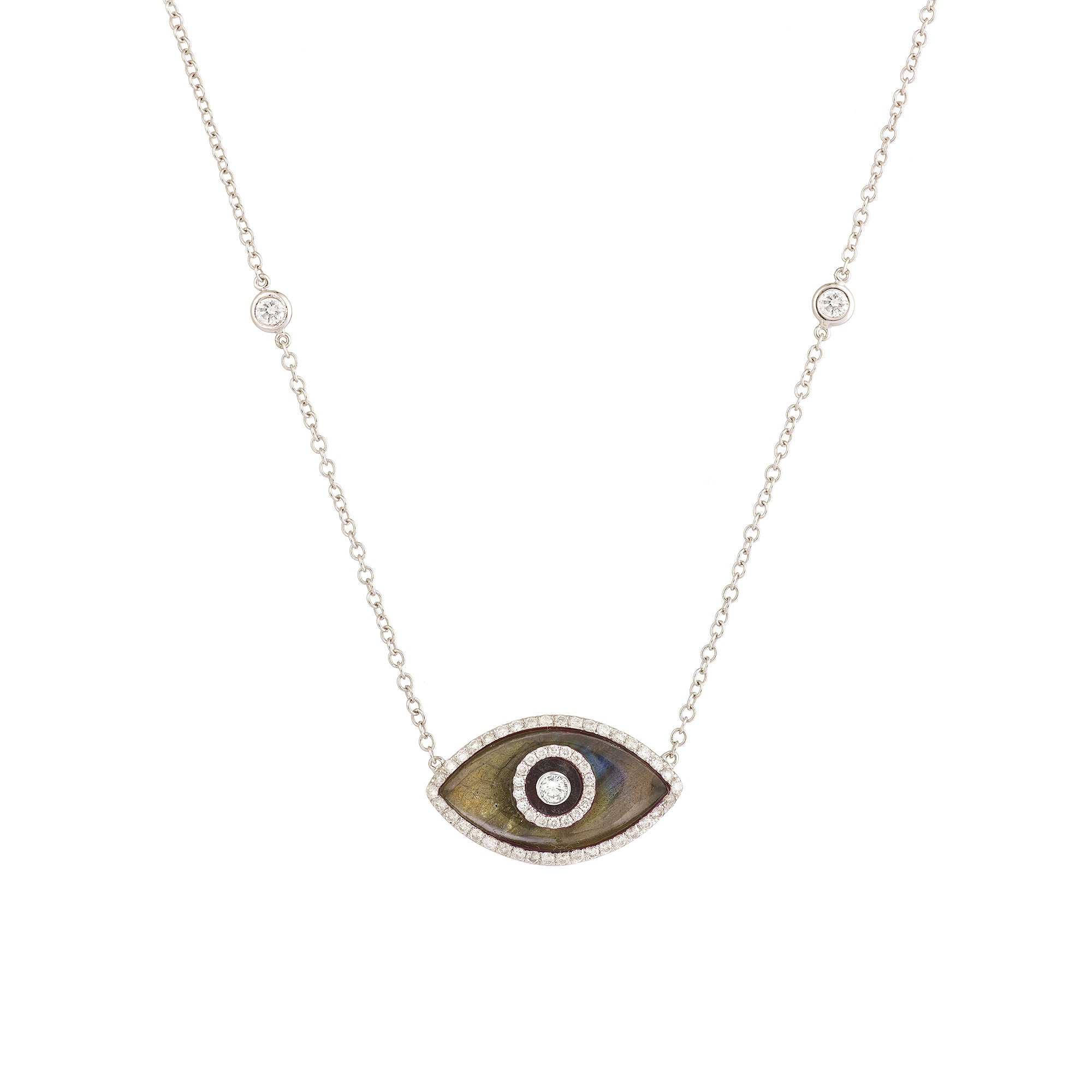 Endza Labradorite Evil Eye Necklace in 14K White Gold with Natural Diamonds