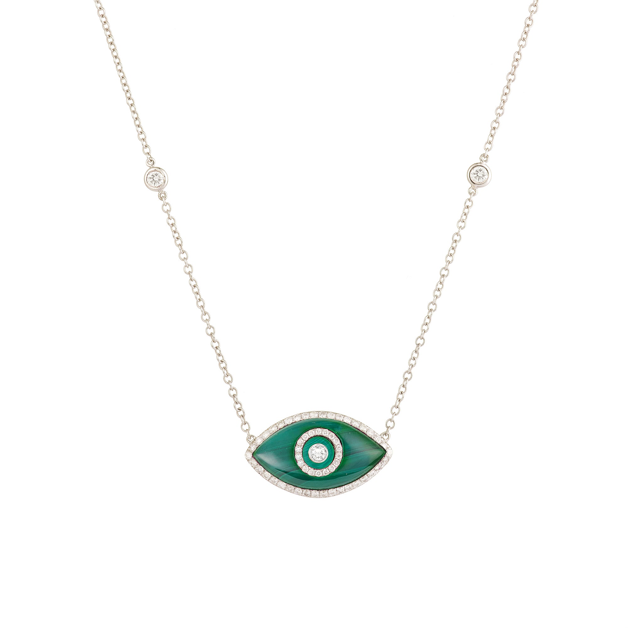 Endza Malachite Evil Eye Necklace in 14K White Gold with Natural Diamonds