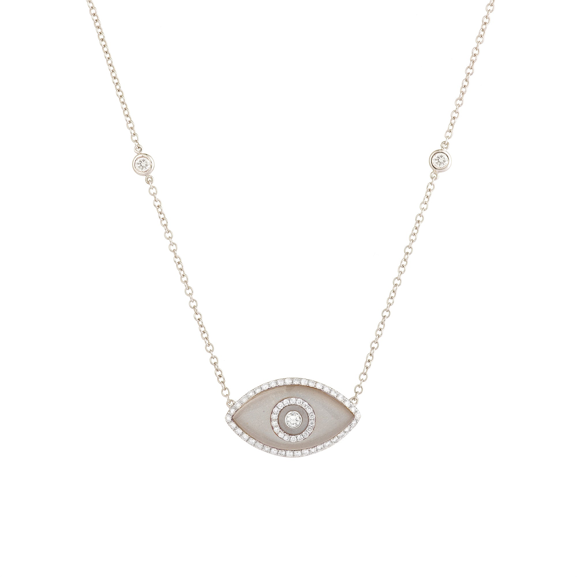 Endza moonstone Evil Eye Necklace in 14K White Gold with Natural Diamonds
