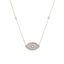 Load image into Gallery viewer, 14K white gold Endza Necklace with Beige Moonstone evil eye and white diamonds.