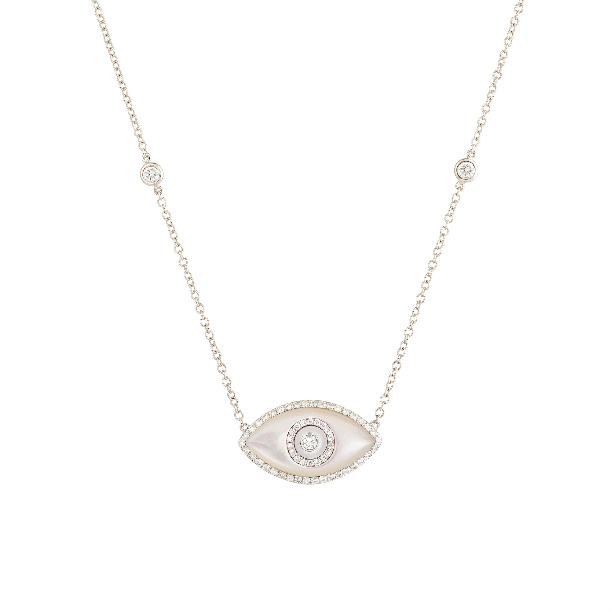 Endza Mother of Pearl Evil Eye Necklace in 14K White Gold with Natural Diamonds