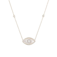 Load image into Gallery viewer, 14K white gold Endza Necklace with Mother of Pearl evil eye and white diamonds.