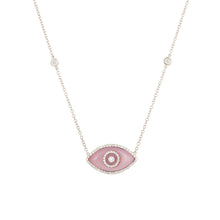 Load image into Gallery viewer, 14K white gold Endza Necklace with Pink Opal evil eye and white diamonds.