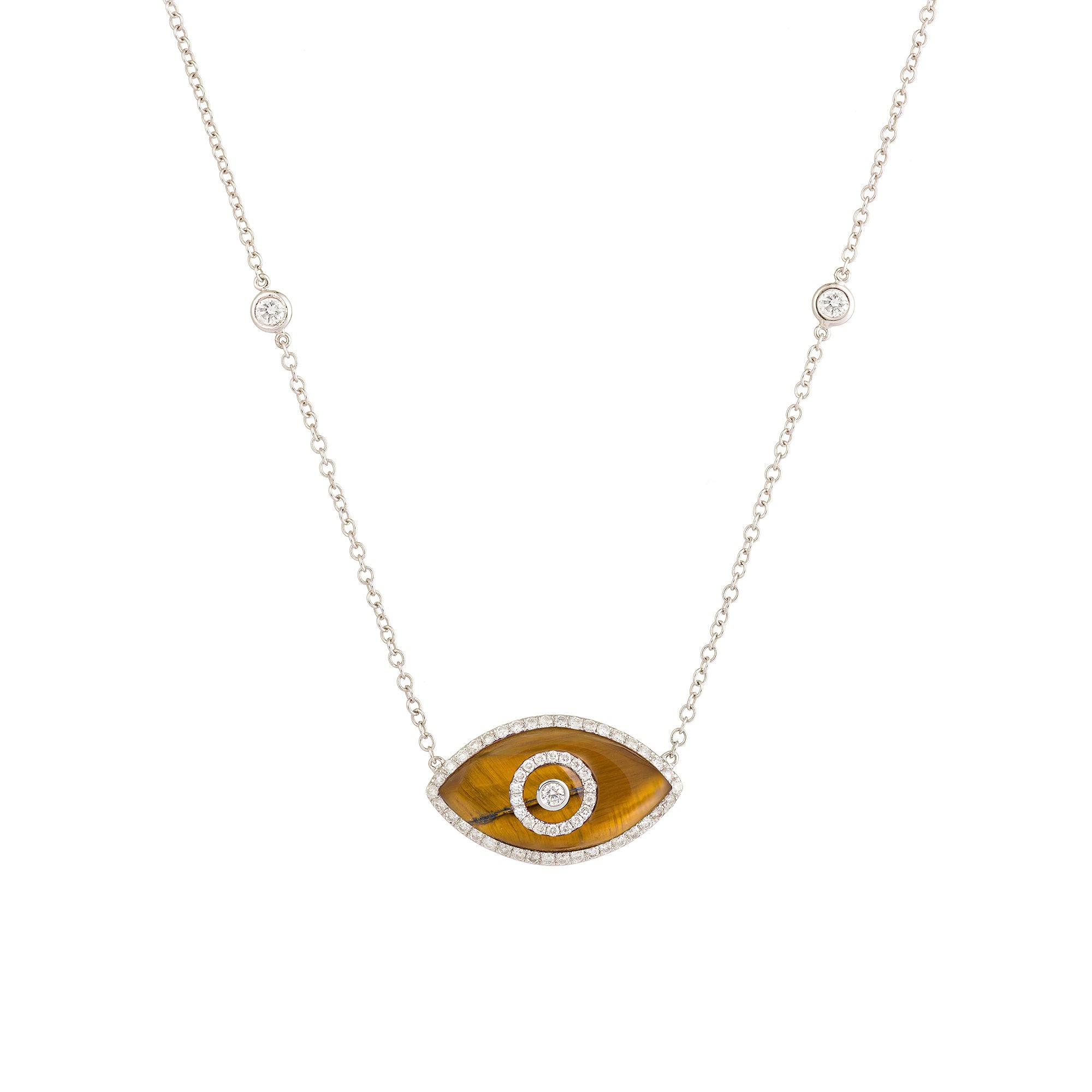Endza Tiger Eye Evil Eye Necklace in 14K White Gold with Natural Diamonds