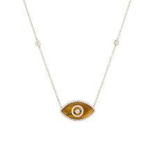 Load image into Gallery viewer, 14K white gold Endza Necklace with Tiger Eye evil eye and white diamonds.