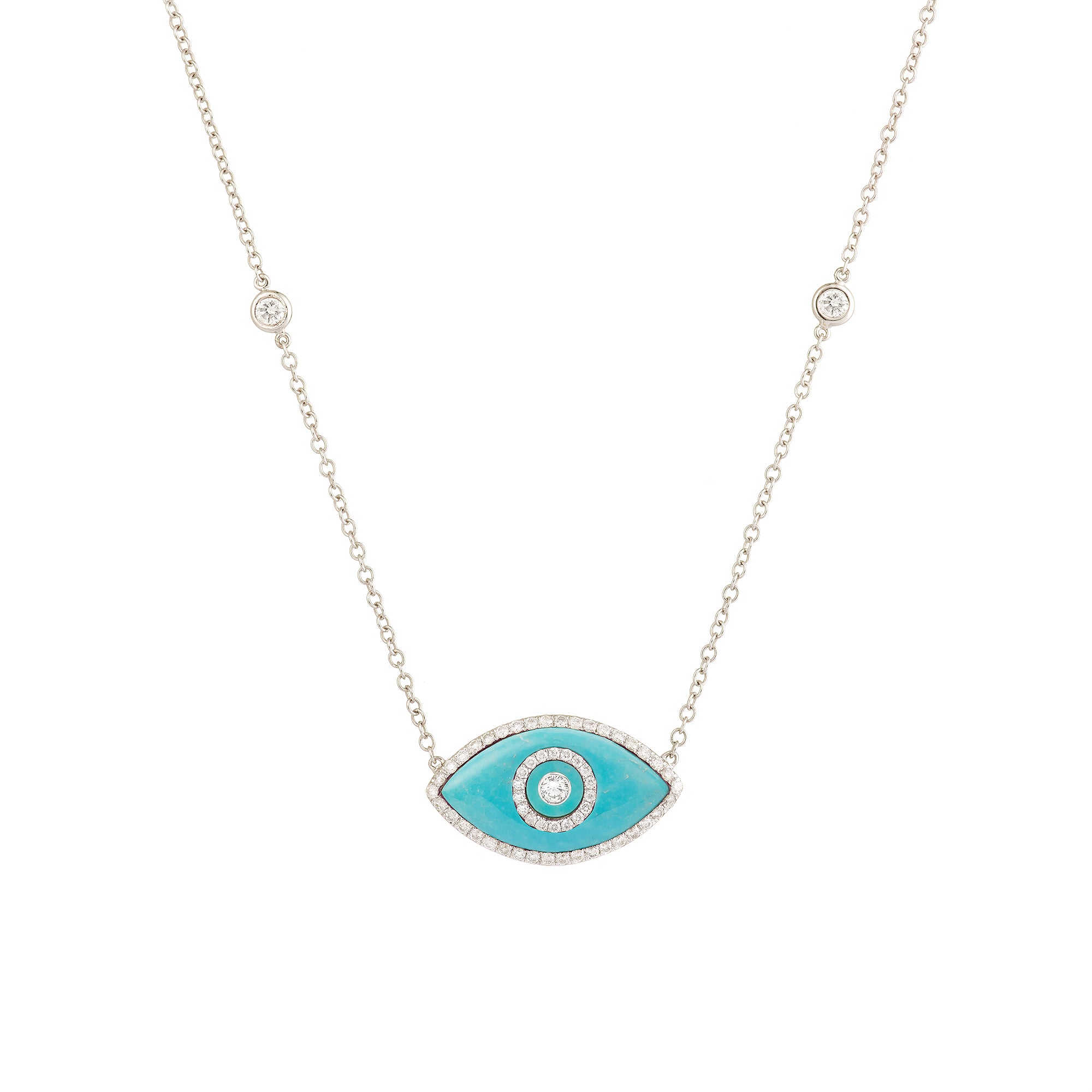 Endza Turquoise Evil Eye Necklace in 14K White Gold with Natural Diamonds