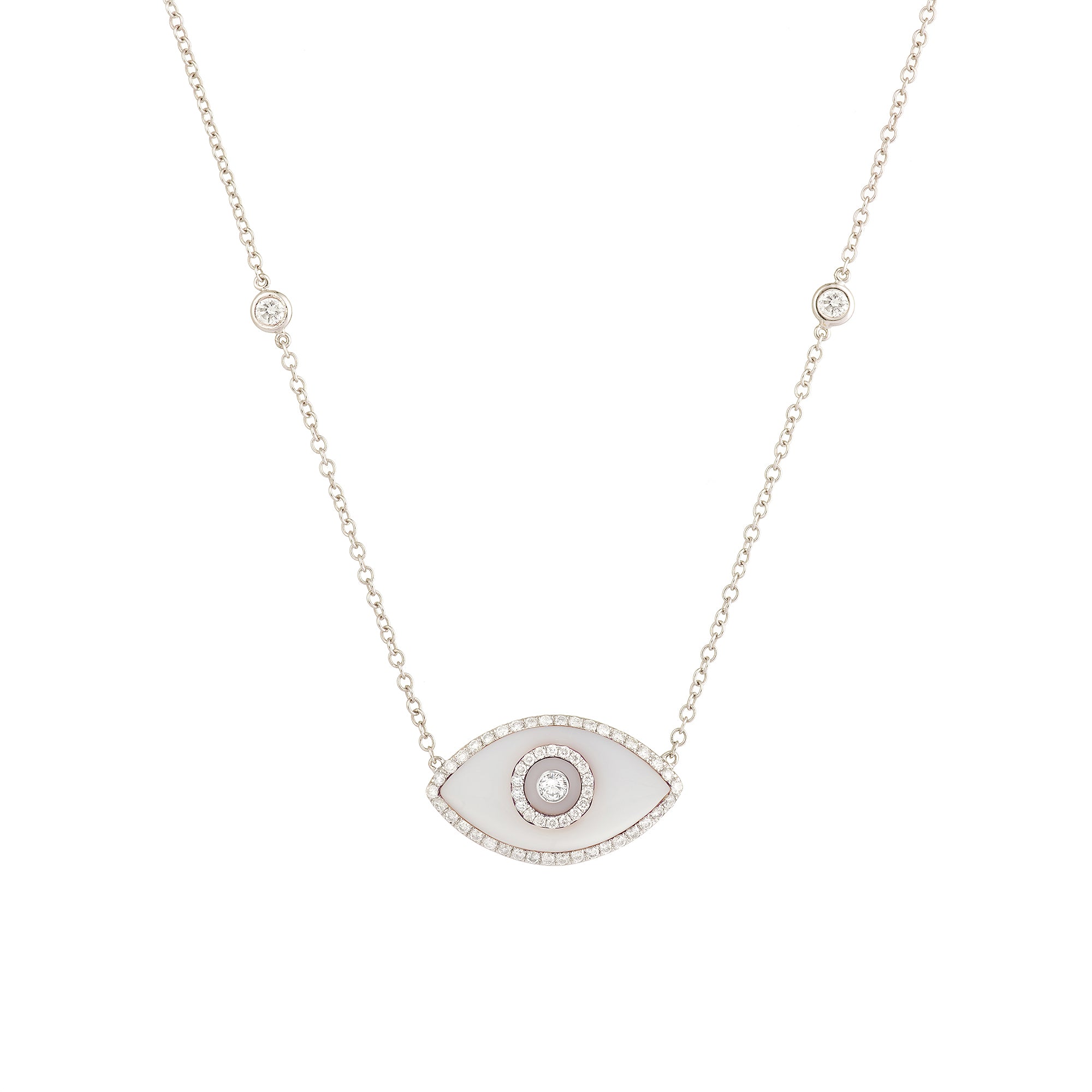 Endza White Onyx Evil Eye Necklace in 14K White Gold with Natural Diamonds
