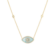 Load image into Gallery viewer, 14K yellow gold Endza Necklace with Amazonite evil eye and white diamonds.