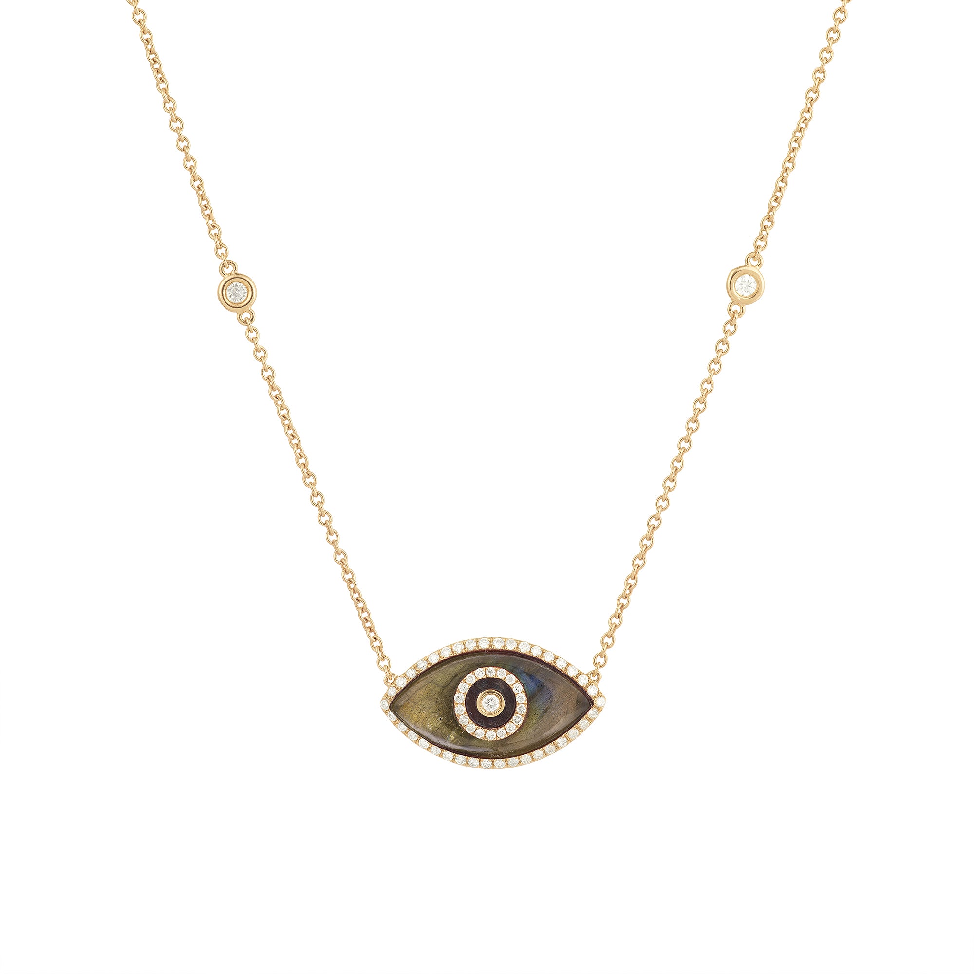 Endza Labradorite Evil Eye Necklace in 14K Yellow Gold with Natural Diamonds