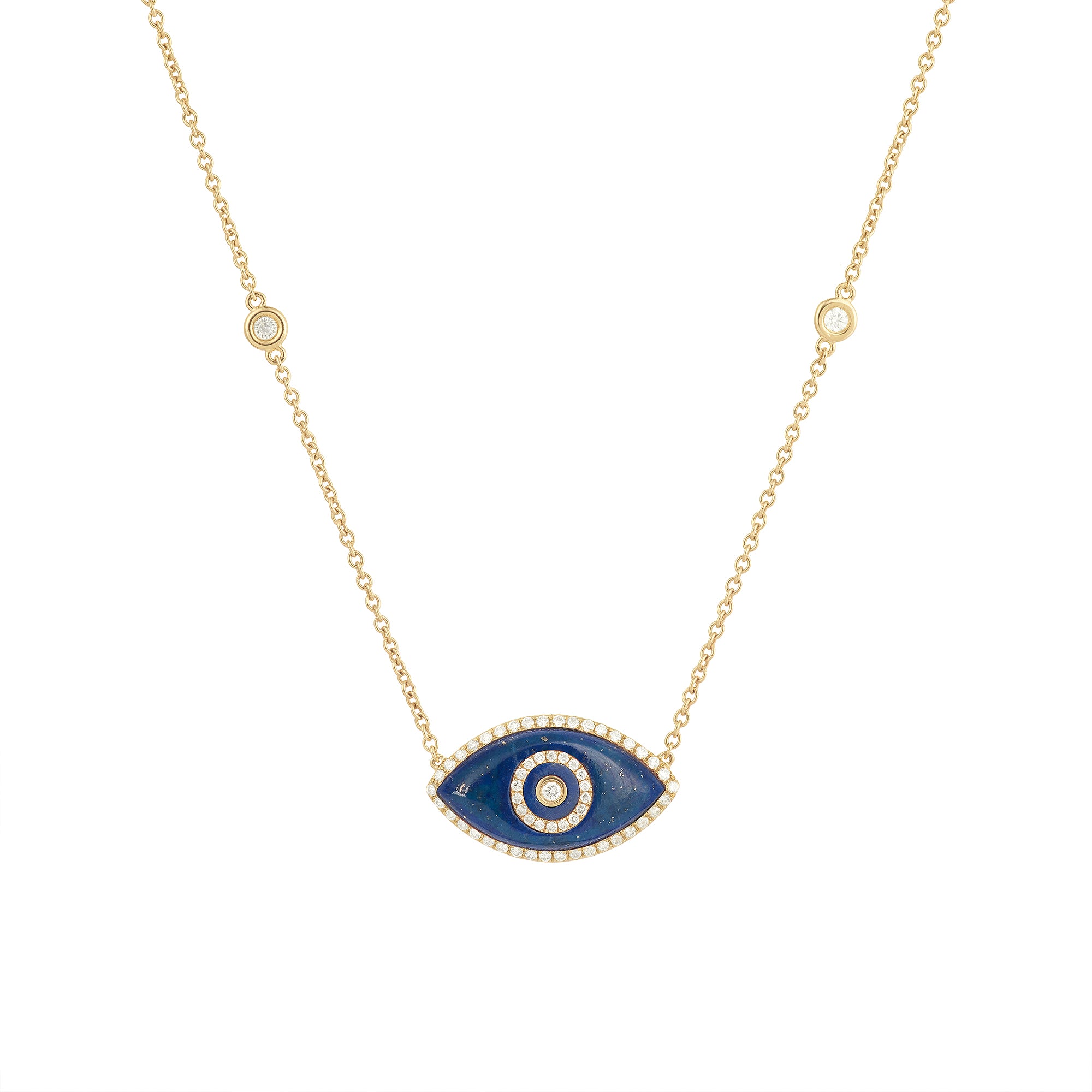 14K yellow gold Endza Necklace with Lapis Lazuli evil eye and white diamonds.