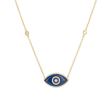 Load image into Gallery viewer, 14K yellow gold Endza Necklace with Lapis Lazuli evil eye and white diamonds.
