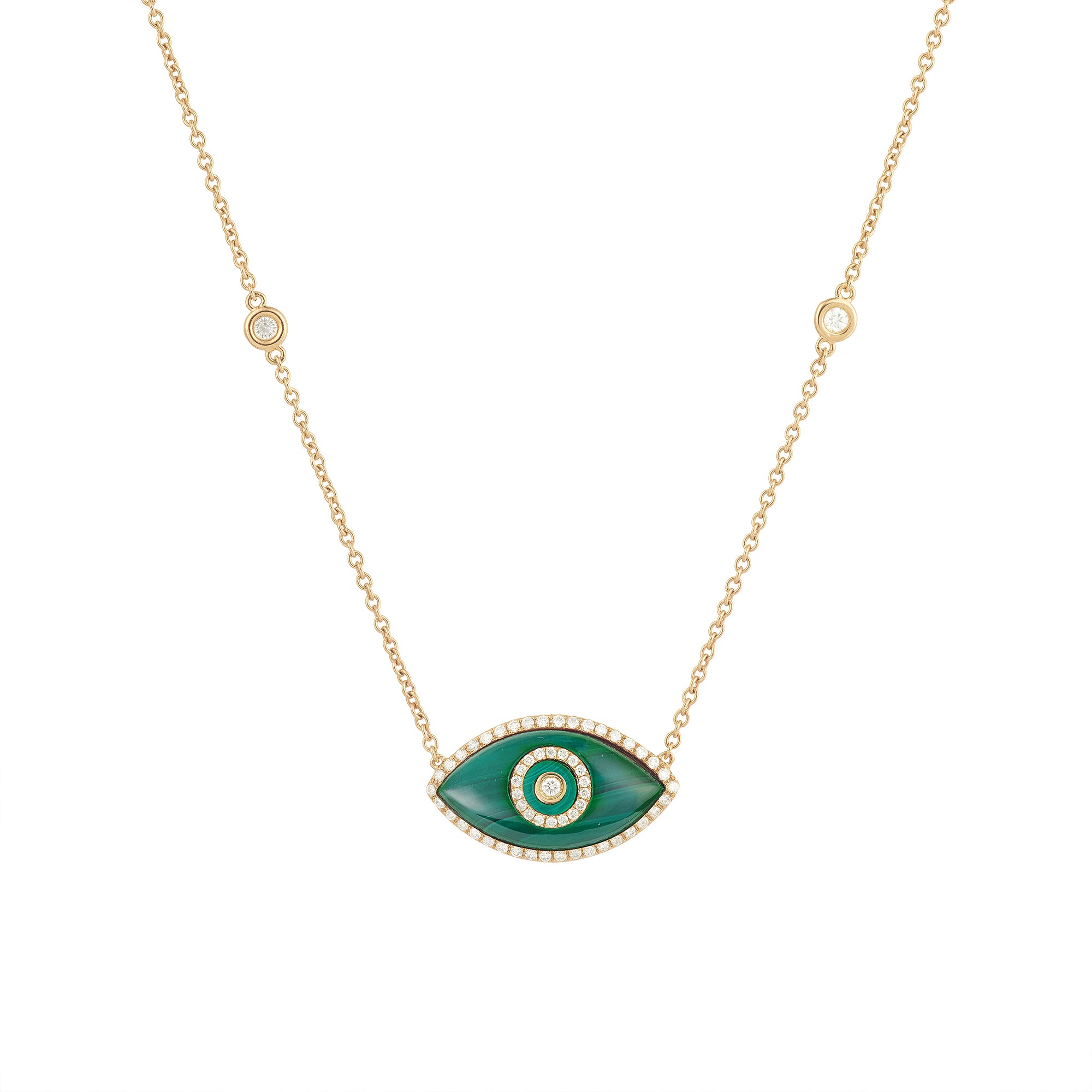 Endza Malachite Evil Eye Necklace in 14K Yellow Gold with Natural Diamonds