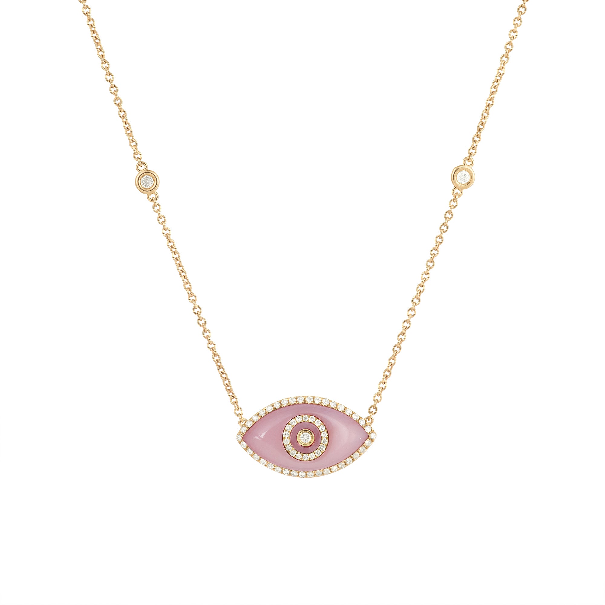 Endza Pink Opal Evil Eye Necklace in 14K Yellow Gold with Natural Diamonds