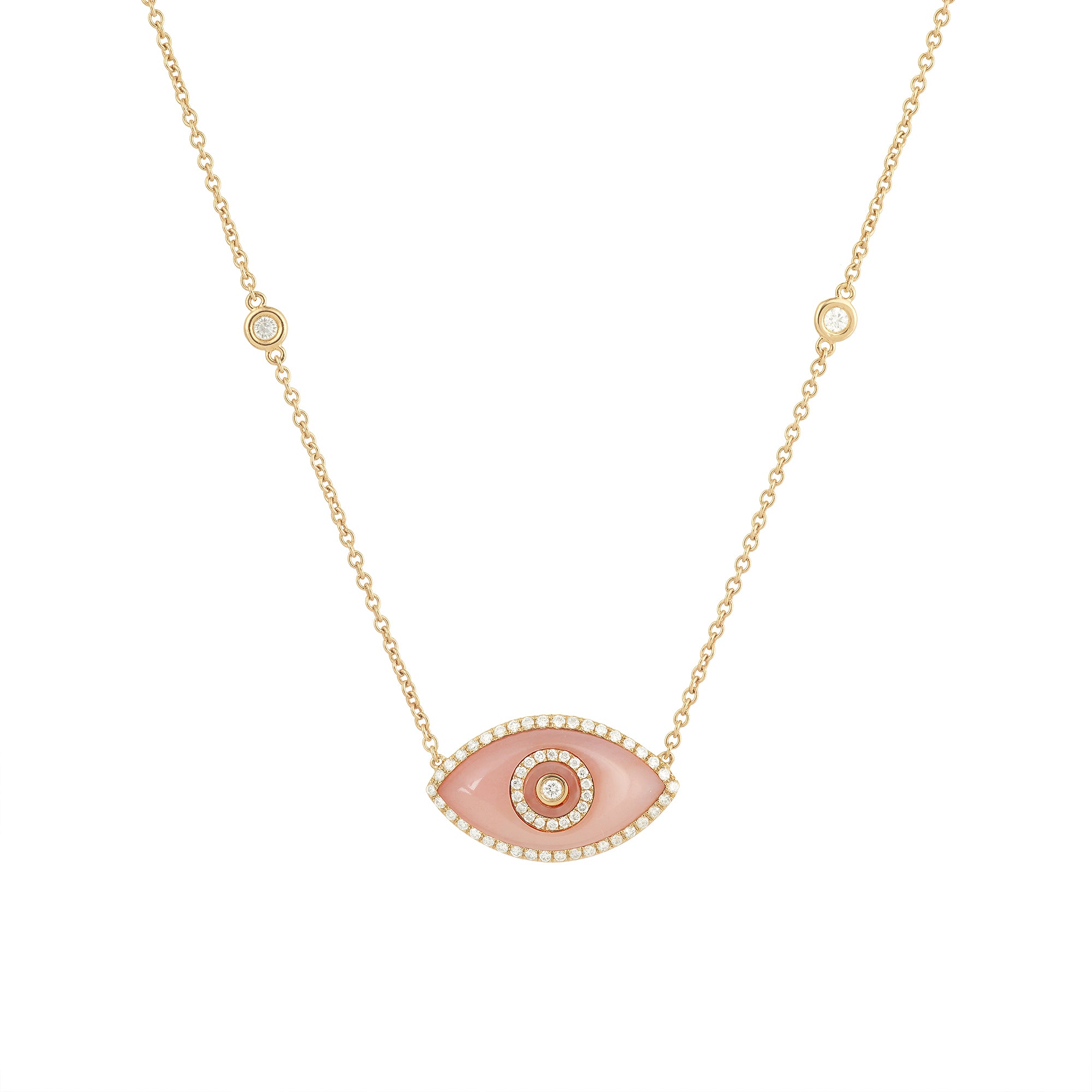 Endza Peach Jade Evil Eye Necklace in 14K Yellow Gold with Natural Diamonds