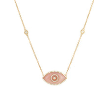 Load image into Gallery viewer, 14K yellow gold Endza Necklace with Peach Jade evil eye and white diamonds.