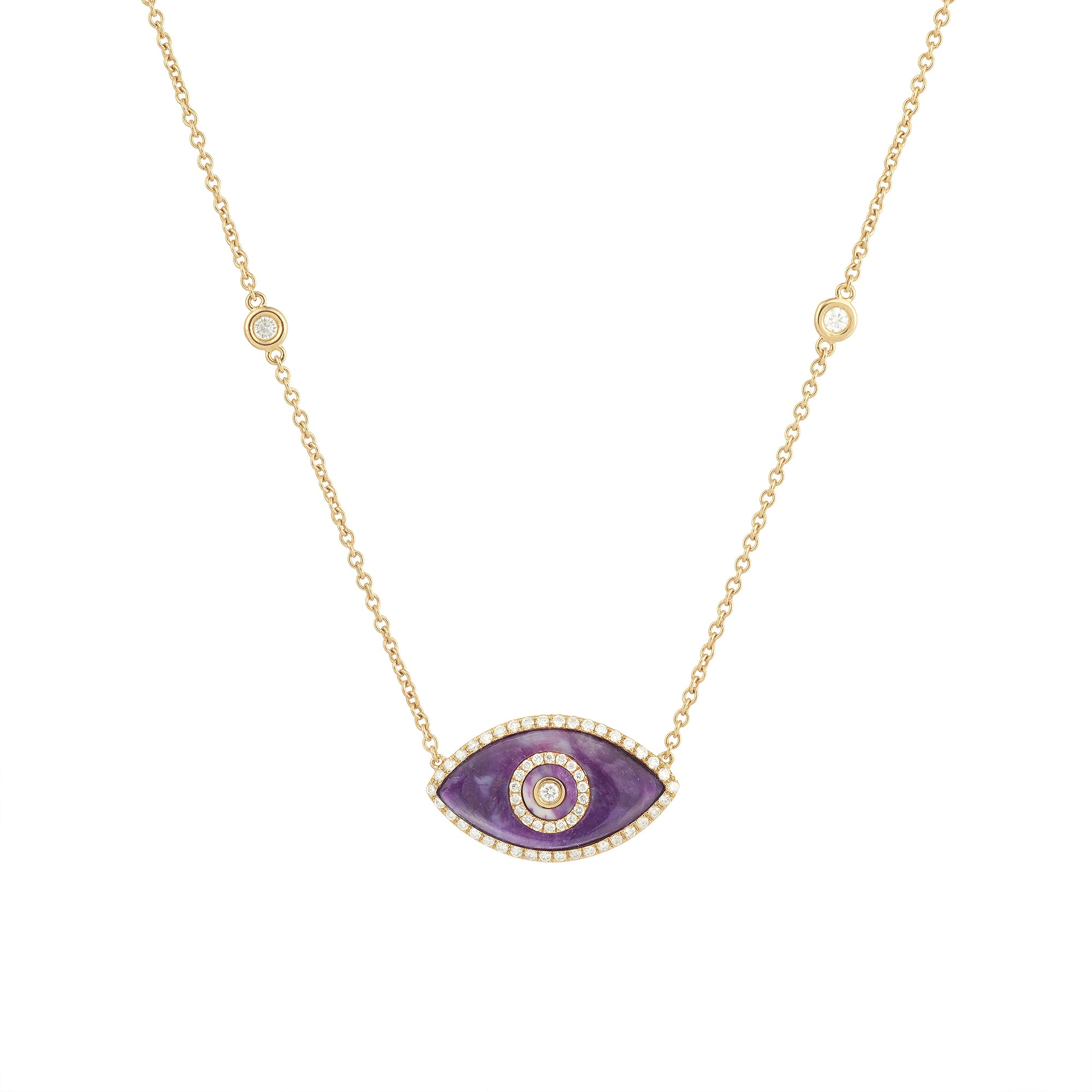 14K yellow gold Endza Necklace with Sugilite evil eye and white diamonds.