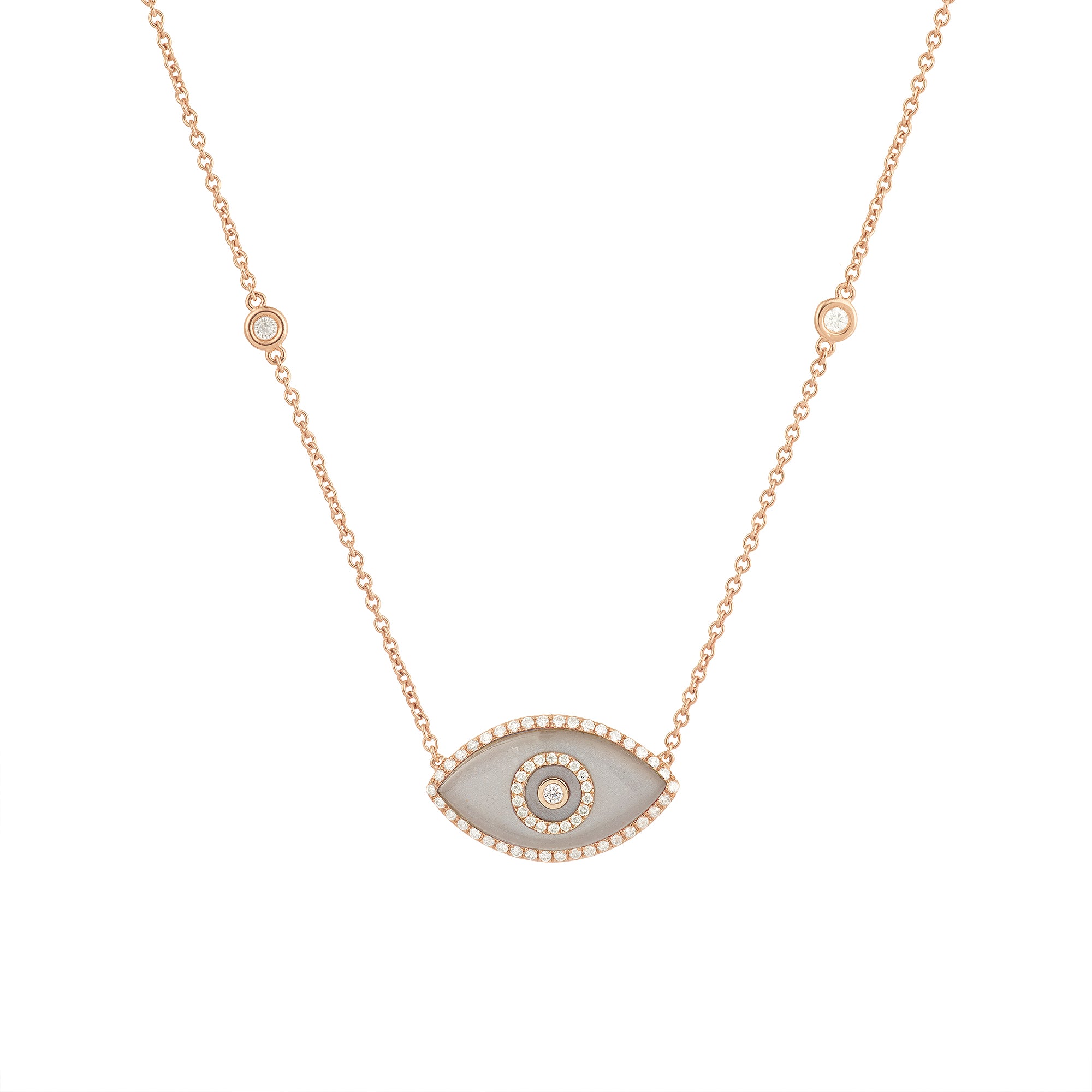 14K rose gold Endza Necklace with Beige Moonstone evil eye and white diamonds.