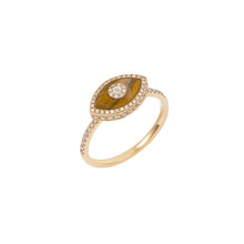 Load image into Gallery viewer, 14K rose gold Endza Ring with Tiger Eye evil eye and pavé white diamonds