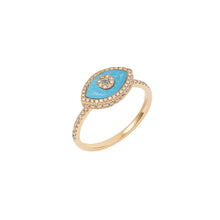 Load image into Gallery viewer, 14K rose gold Endza Ring with Turquoise evil eye and pavé white diamonds