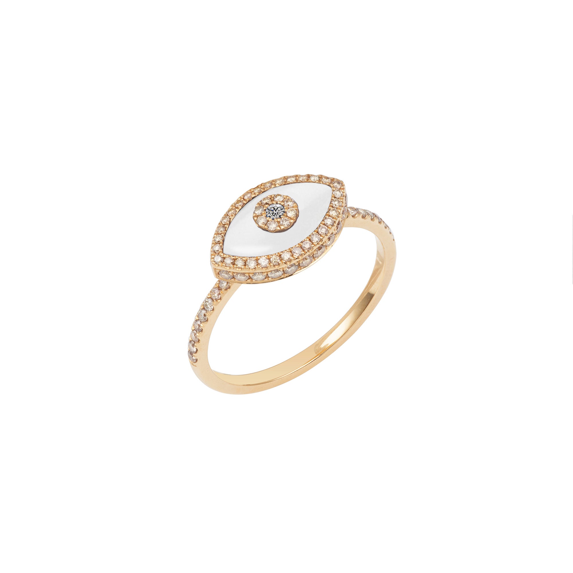 14K rose gold Endza Ring with White Onyx evil eye and pavé white diamonds